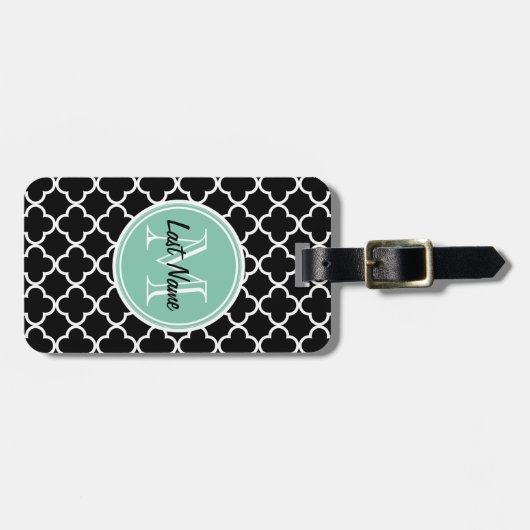 Black Quatrefoil Pattern, Mint Green Monogram Bagagelabel (Voorkant horizontaal)