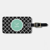Black Quatrefoil Pattern, Mint Green Monogram Bagagelabel (Voorkant horizontaal)
