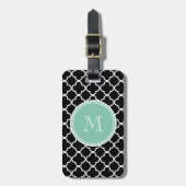 Black Quatrefoil Pattern, Mint Green Monogram Bagagelabel (Voorkant verticaal)