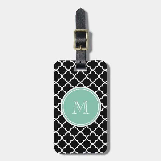 Black Quatrefoil Pattern, Mint Green Monogram Bagagelabel (Voorkant verticaal)