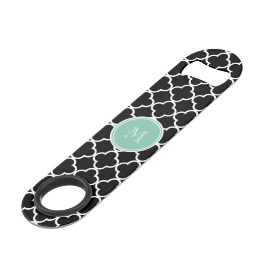 Black Quatrefoil Pattern, Mint Green Monogram Speed Flessenopener (Voorkant Gekanteld)