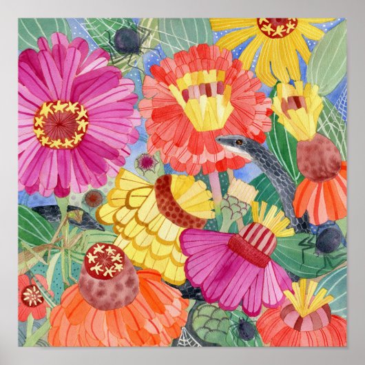 Black Racer en Zinnias poster (Voorkant)