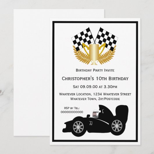 Black Racing Car Verjaardagsfeestje Kaart (Voorkant / Achterkant)