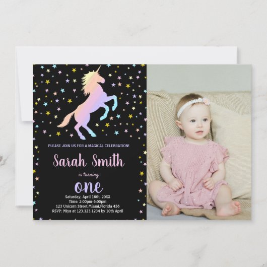 Black Rainbow Unicorn Anniversaire Invitations ave (Devant)