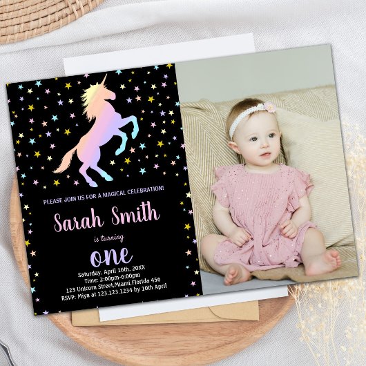 Black Rainbow Unicorn Anniversaire Invitations ave