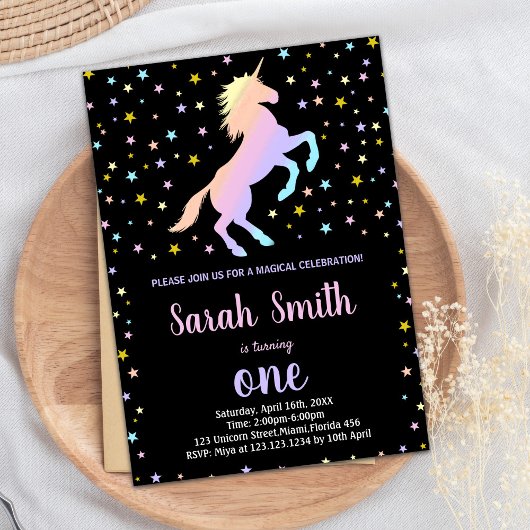 Black Rainbow Unicorn Invitations d'anniversaire