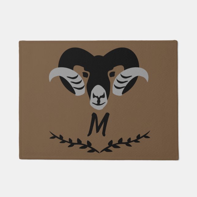 Black Ram met Twisted Horns Silhouette Monogram Deurmat (Voorkant)