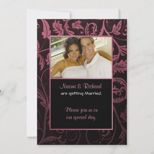 Black & Raspberry Damask foto uitnodiging (Voorkant)