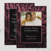 Black & Raspberry Damask Photo Invitation (Devant / Derrière)