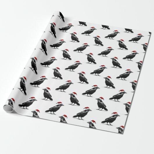 Black raven crow with red santa hat pattern cadeaupapier (Uitgerold)