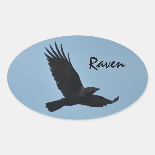 Black Raven Flying in Blue Sky Foto Ovale Sticker (Voorkant)