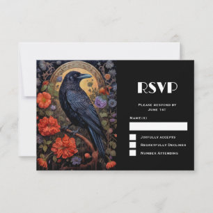 Black Raven met bloemen Gothic Design Bruiloft RSVP Kaartje