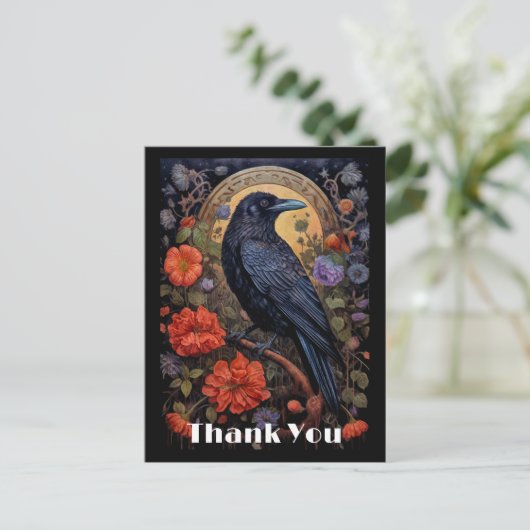 Black Raven met bloemen Gothic Design Dank u Briefkaart (Staand voorkant)
