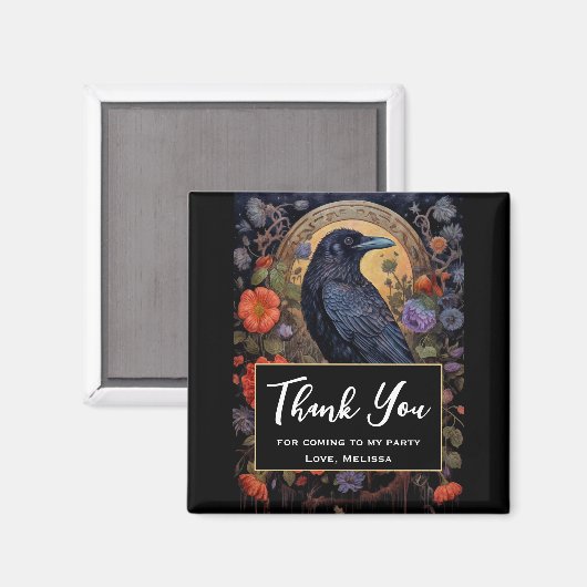 Black Raven met bloemen Gothic Design Dank u Magneet (Voorkant / Achterkant)