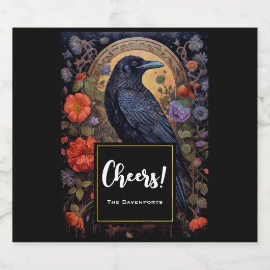Black Raven met Bloemen Gothic Design Proost! Sparkling Wijnetiket (Enkel label)