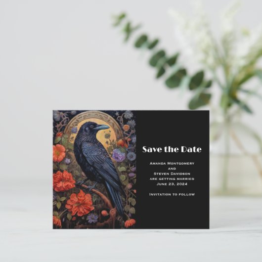 Black Raven met bloemen Gothic Save the Date Uitnodiging Briefkaart (Staand voorkant)