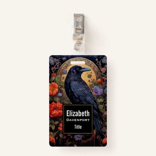 Black Raven met bloemen Gotisch ontwerp Badge (Voorkant met clip)