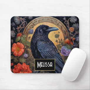 Black Raven met bloemen Gotisch ontwerp Muismat