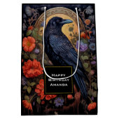 Black Raven met Bloemen Gotisch Ontwerp Verjaardag Medium Cadeauzakje (Achterkant)
