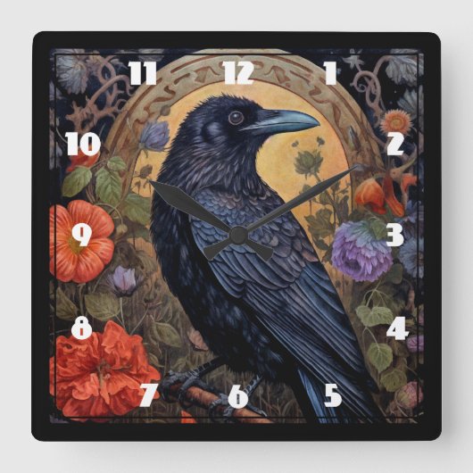 Black Raven met bloemen Gotisch ontwerp Vierkante Klok (Voorkant)