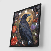 Black Raven met bloemen Gotisch ontwerp Vierkante Klok (Hoek)