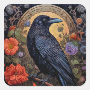 Black Raven met bloemen Gotisch ontwerp Vierkante Sticker