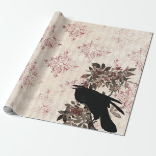 Black Raven op Branch Burgundy Damask Cadeaupapier