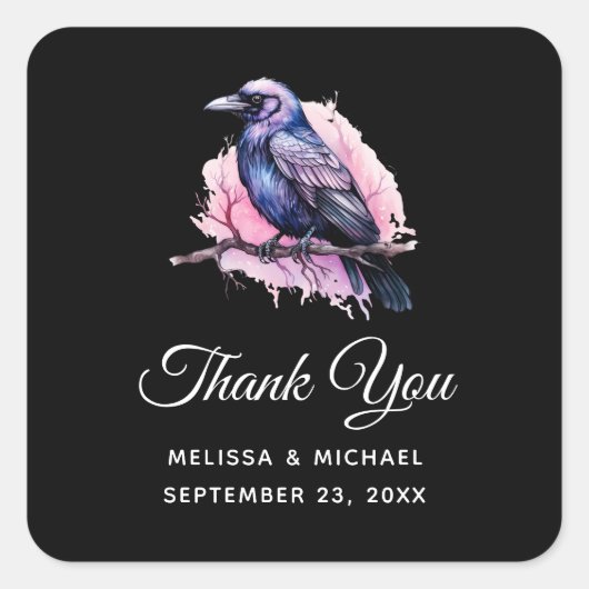 Black Raven op een Branch Illustratie Dank U Vierkante Sticker (Voorkant)
