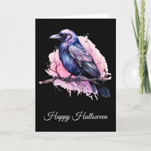 Black Raven op een tak Illustratie Halloween Kaart