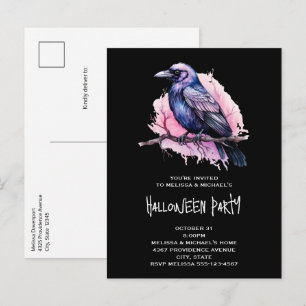 Black Raven op een tak Illustratie Halloween Uitnodiging Briefkaart