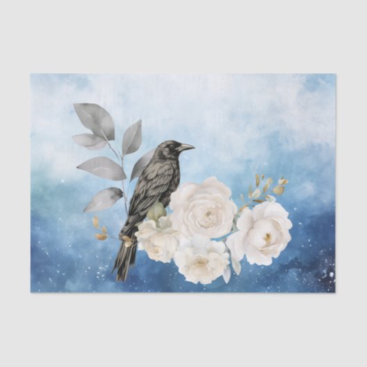 Black Raven White Flowers Blue Background Tissuepapier (Voorkant)