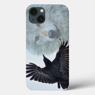 Black Raven & White Wolf Wildlife Fantasy iPhone 13 Hoesje