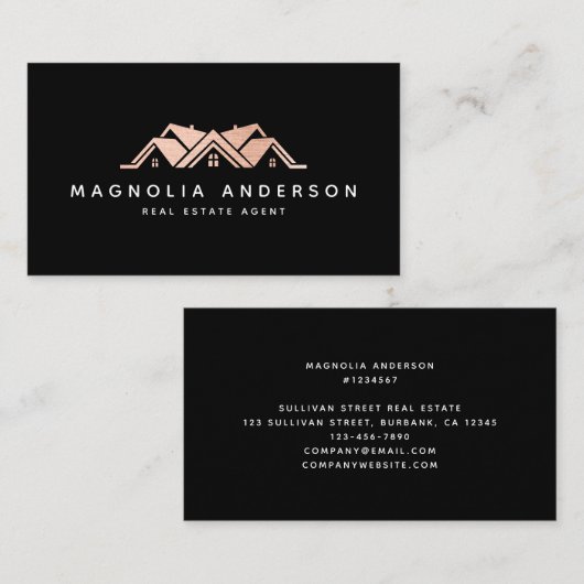 Black Real Estate Agent Roos Gold Borhed Metal Visitekaartje (Voorkant / Achterkant)