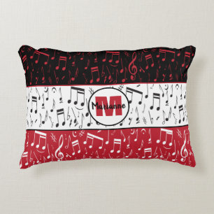 Black red and white music note accent coussin