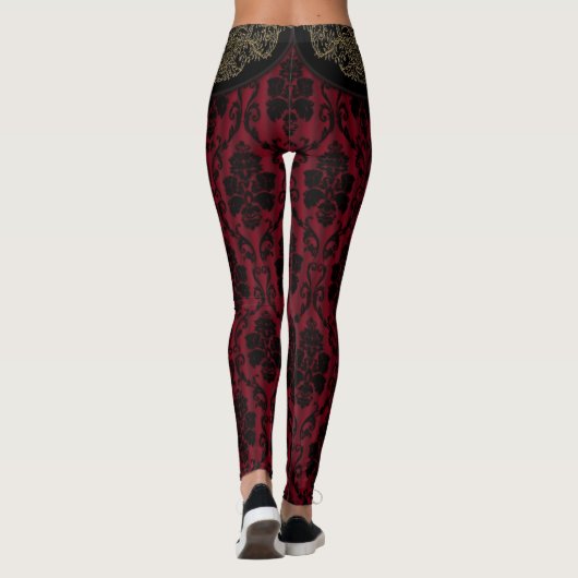 Black Red Antiek Damask-stijl Leggings (Achterkant)