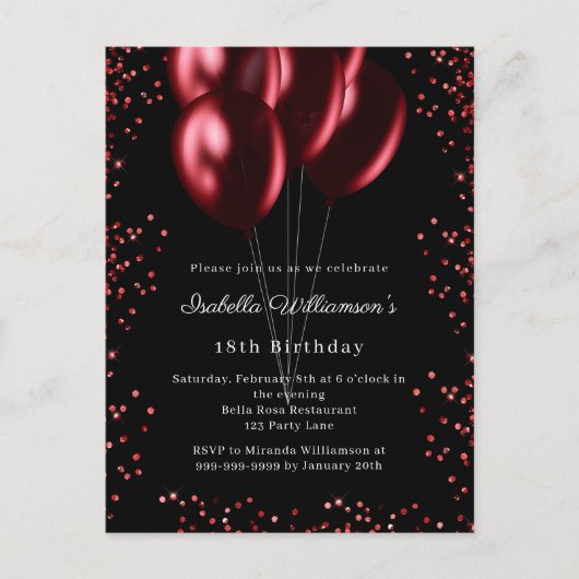 Black red balloons birthday uitnodiging briefkaart (Voorkant)