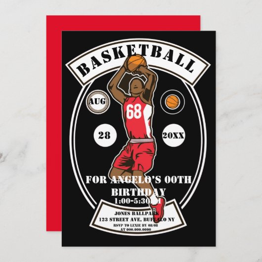 Black Red Basketball Invitations de fête d'anniver (Devant / Derrière)