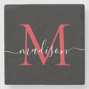 Black Red Burgundy Monogram Feminine Script Name Stenen Onderzetter