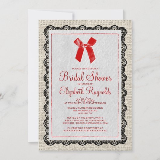 Black Red Country Burlap Invitation à la douche nu (Devant)