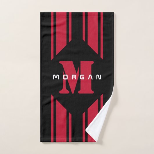 Black Red Custom Monogram Racer Stripe Bad Handdoek (Handdoek)
