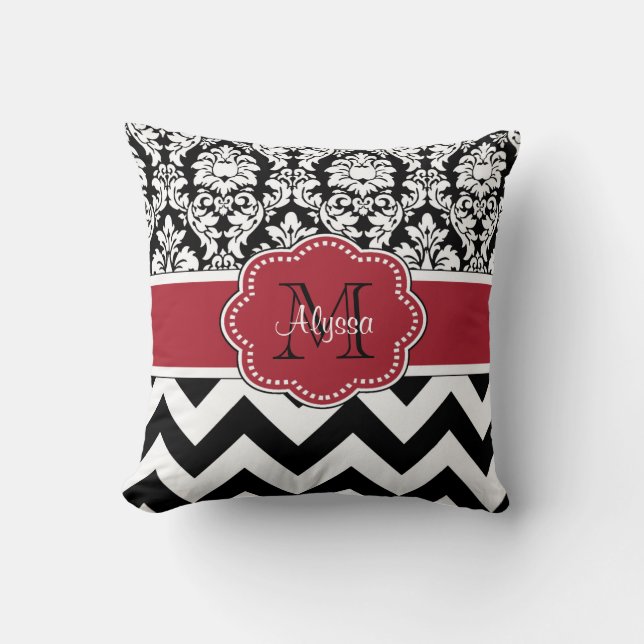 Black Red Damask Chevron, gepersonaliseerd Kussen (Voorkant)