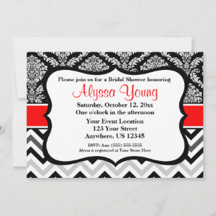 Black Red Damask Chevron Invitation Kaart
