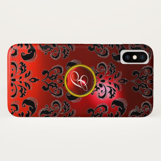 BLACK RED DAMASK RUBY GEMSTONE MONOGRAM Case-Mate iPhone CASE (Achterkant (horizontaal))