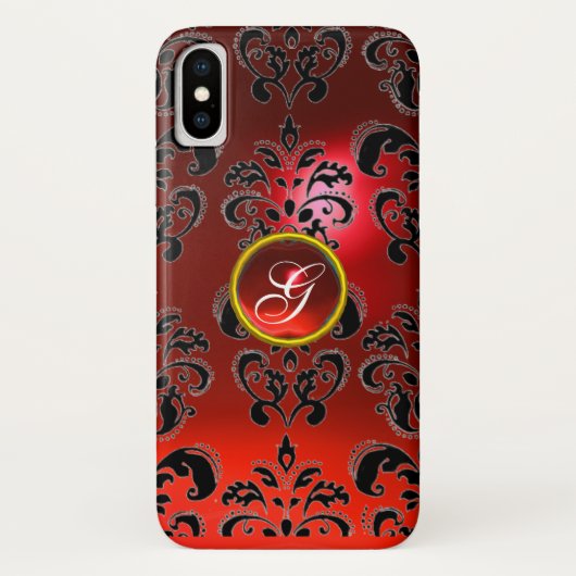 BLACK RED DAMASK RUBY GEMSTONE MONOGRAM Case-Mate iPhone CASE (Achterkant)