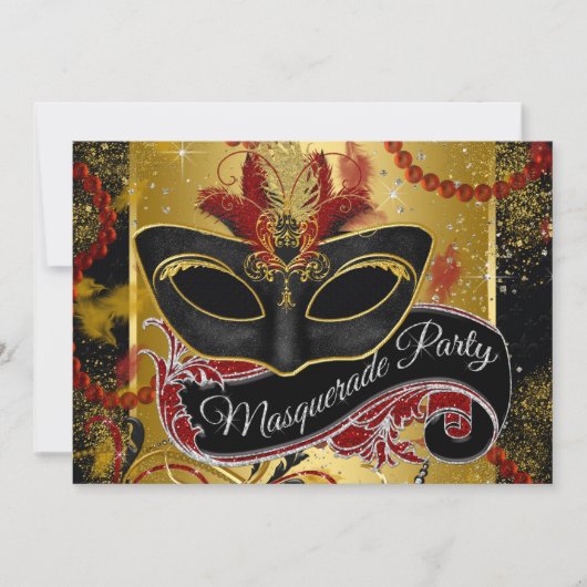 Black Red en Gold Masquerade Party Kaart (Voorkant)
