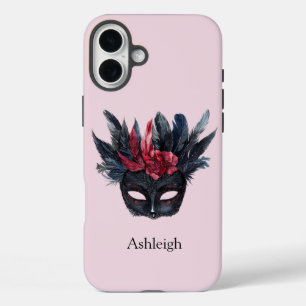 Black Red Feathers Mask iPhone 16 Plus Hoesje