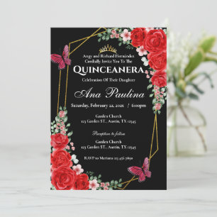 Black Red Floral Quinceañera Uitnodiging