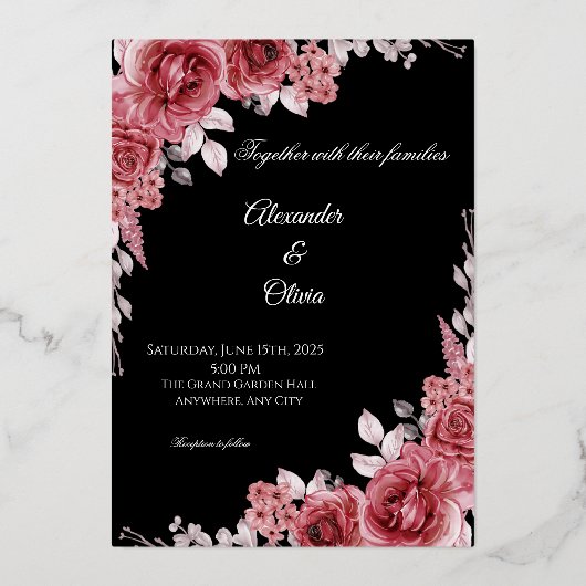 Black & Red Floral Wedding Invitation | Elegant Ro (Recto)