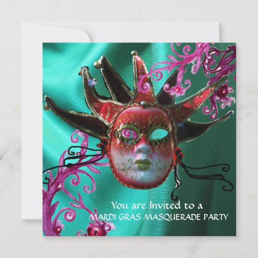 BLACK RED FUCHSIA JESTER MASK Masquerade Ball Kaart (Voorkant)