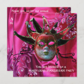 BLACK RED FUCHSIA JESTER MASK, Masquerade Ball Kaart (Voorkant / Achterkant)